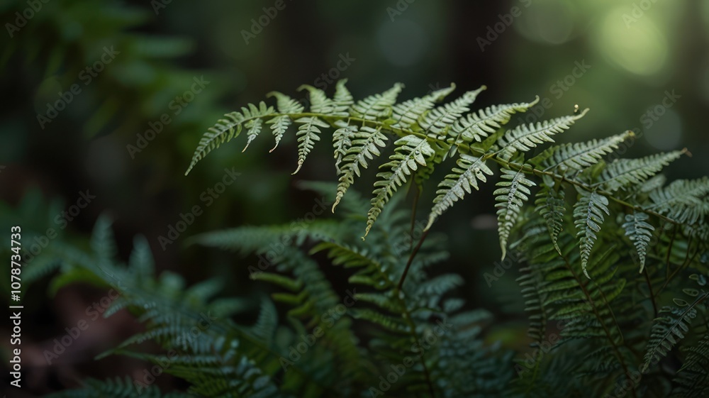 A single fern frond with delicate green leaves stands out against a backdrop of lush foliage in a forest setting. A single fern frond with delicate green leaves stands out against a backdrop of lush foliage in a forest setting.