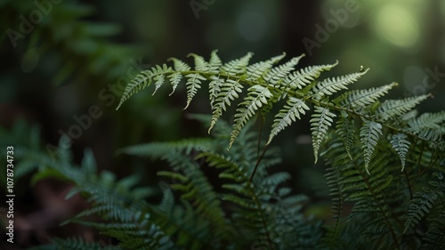 A single fern frond with delicate green leaves stands out against a backdrop of lush foliage in a forest setting.