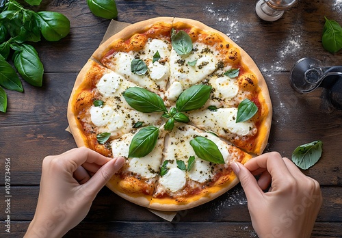 Delicious Margherita Pizza with Basil and Mozzarella Cheese photo