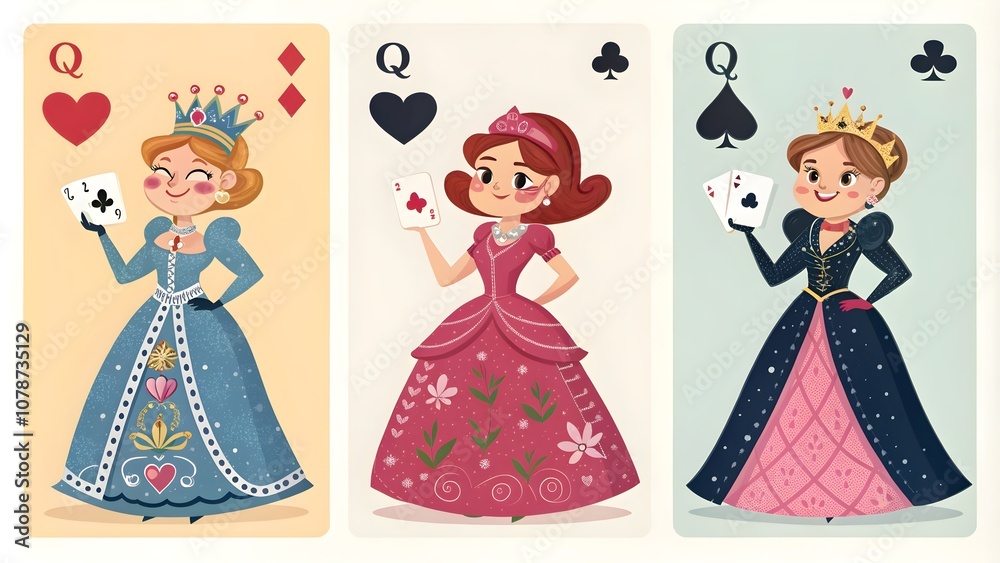 Cartoon Queens of Diamonds, Clubs, Hearts, and Spades, Playful Card Queens for Diamond, Club, Heart, and Spade Cartoon Queens of Diamonds, Clubs, Hearts, and Spades, Playful Card Queens for Diamond, Club, Heart, and Spade