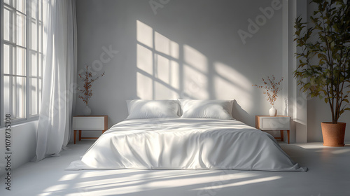 Wallpaper Mural Serene Minimalist Bedroom: Sunlight streams through large windows illuminating a pristine white bedroom, creating a tranquil atmosphere of calm and relaxation.   Torontodigital.ca
