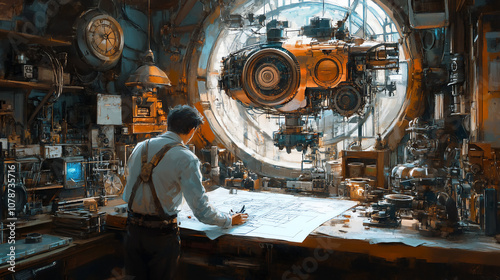 An inventor in a cluttered workshop, surrounded by various mechanical parts and blueprints, intensely focused on building a steampunk-inspired flying machine