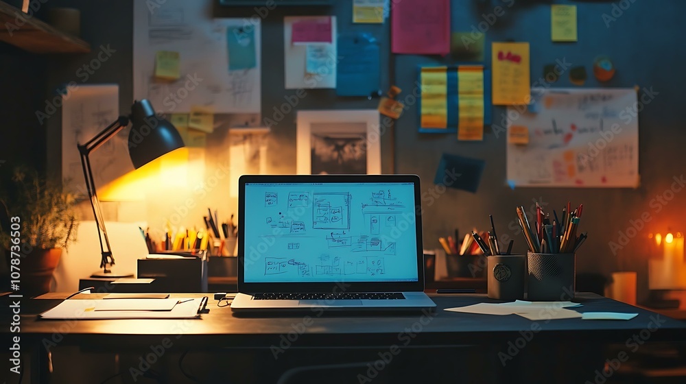 Naklejka premium Creative workspace with a laptop showing a prototype, design sketches, and sticky notes on the wall