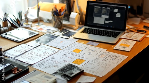 Flat lay of a desk with a laptop, tablet showing app prototypes, and wireframe sketches