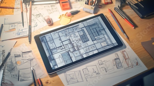 Close-up of a tablet showing an interactive mockup, surrounded by design tools and sketches