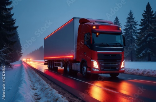A large red truck with illuminated headlights outlining the sides of its trailer rushes down a wet road at dusk.