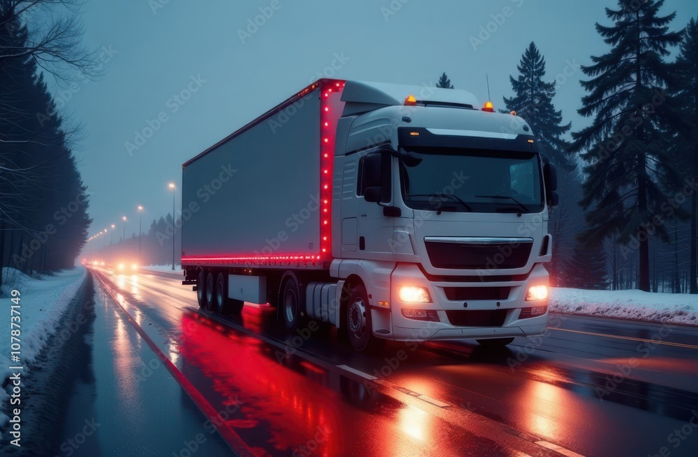 Winter nighttime trucking on snowy road with illuminated vehicle and pine trees. A large truck with illuminated headlights outlining the sides of its trailer rushes down a wet road at dusk. Winter nighttime trucking on snowy road with illuminated vehicle and pine trees. A large truck with illuminated headlights outlining the sides of its trailer rushes down a wet road at dusk.