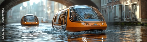 Electric water taxis operating through urban canals, combating rising sea levels photo