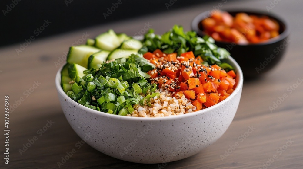 Create a vibrant fusion bowl loaded with colorful vegetables for nutritional balance