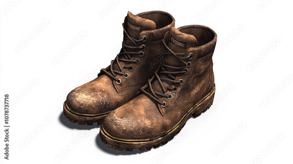 A pair of leather work boots isolated on a white background A pair of leather work boots isolated on a white background
