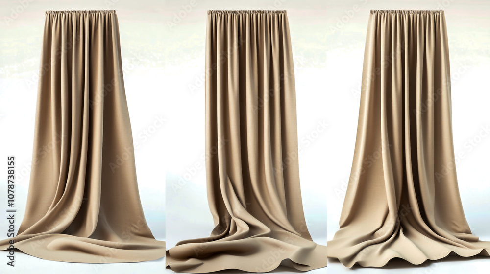 A set of three beige curtains isolated on a white background, photographed from different angles A set of three beige curtains isolated on a white background, photographed from different angles
