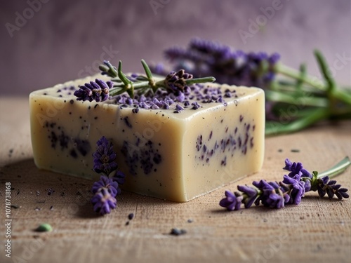 A handmade bar of lavender soap adorned with fresh lavender sprigs. AI generated. 