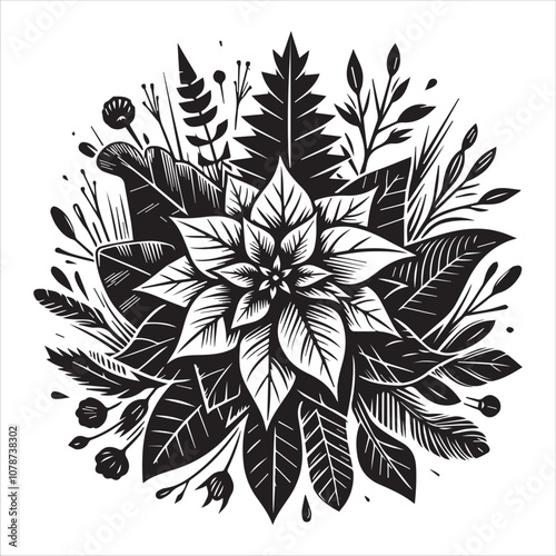 Bold Black and White Poinsettia Christmas Design. A striking black and white illustration of a poinsettia flower surrounded by festive foliage.