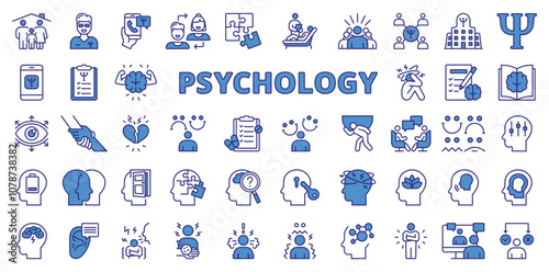 Psychology, in line design, blue. Mental health, brain, mind, therapy, counseling, behavior on white background vector. Psychology editable stroke icons.