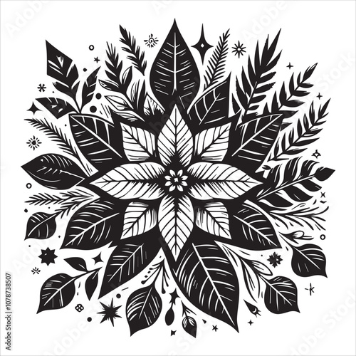 Bold Black and White Poinsettia Christmas Design. A striking black and white illustration of a poinsettia flower surrounded by festive foliage.