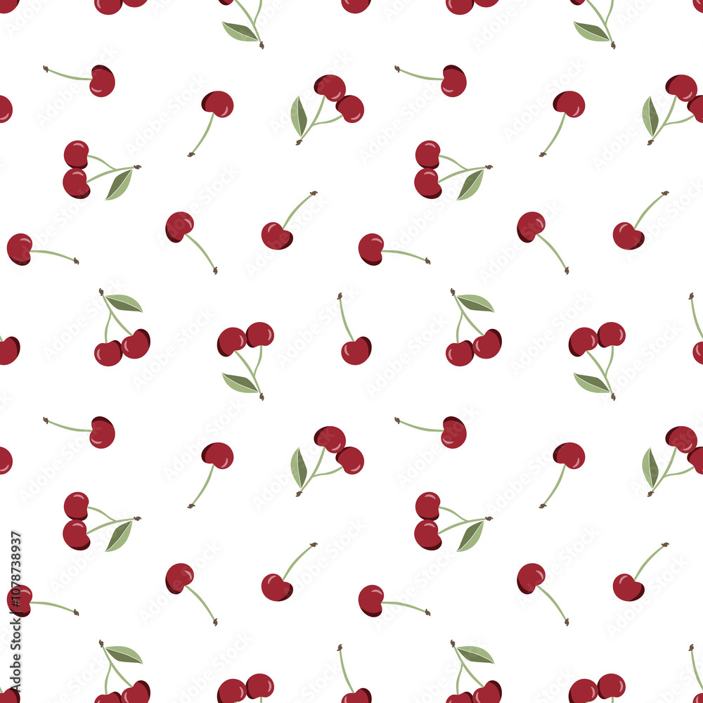 Seamless pattern with red cherry fruit with green leaves. Red cherries repeating background. Summer fruit print. Perfect for packaging, wallpaper, fabric, wrapping, stationery, scrapbooking projects. Seamless pattern with red cherry fruit with green leaves. Red cherries repeating background. Summer fruit print. Perfect for packaging, wallpaper, fabric, wrapping, stationery, scrapbooking projects.