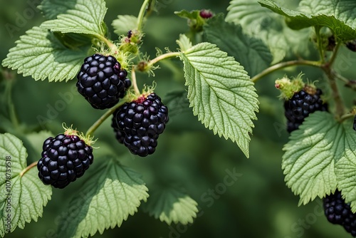 A branch with plump blackberries in an orchard surrounded by thick green foliage, Ai Generated