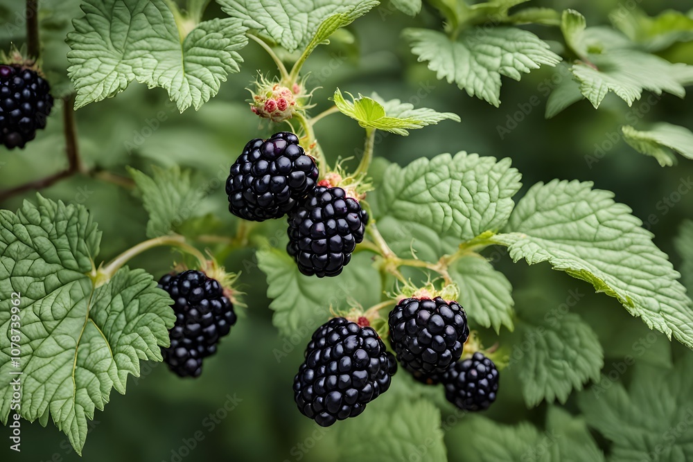 A branch with plump blackberries in an orchard surrounded by thick green foliage, Ai Generated A branch with plump blackberries in an orchard surrounded by thick green foliage, Ai Generated