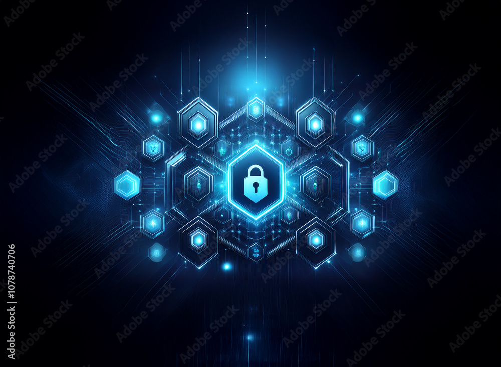 A glowing padlock icon is centered in a network of glowing blue hexagons against a dark blue background. A glowing padlock icon is centered in a network of glowing blue hexagons against a dark blue background.
