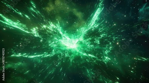 A burst of neon green light in space, with energy rays stretching outward, creating an abstract and energetic atmosphere in a futuristic scene.