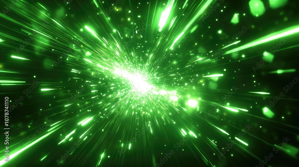 Naklejka premium A burst of vibrant green neon light energy rays spreading across space, creating an abstract, futuristic background full of dynamic motion.