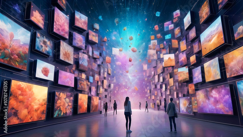 AI art gallery, where still images come to life through subtle, looping animations, creating immersive experiences for social media, digital displays, and metaverse applications