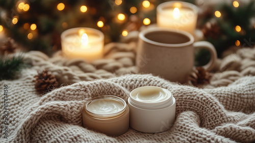 Cozy winter skincare cream with candles and knit blanket