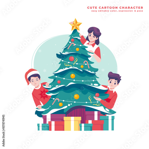 decorating christmas tree together illustration