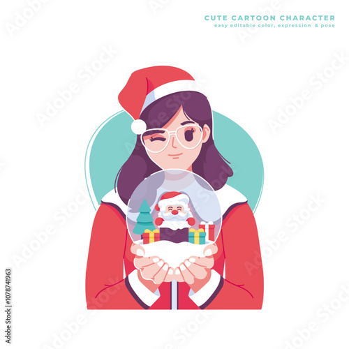 girl with christmas gift cute cartoon illustration