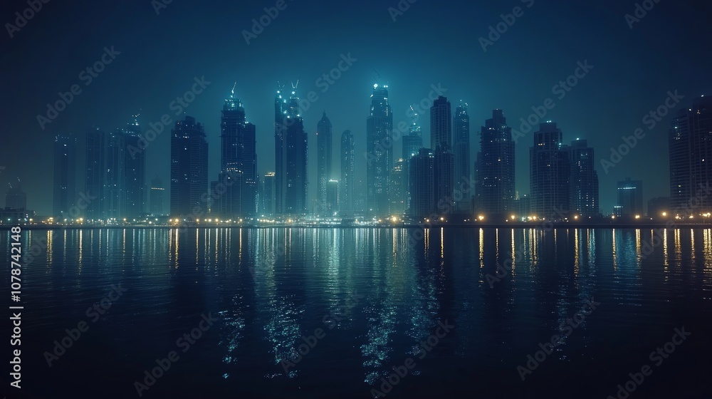 A panoramic view of a city skyline at night with skyscrapers illuminated by lights reflected in the water. A panoramic view of a city skyline at night with skyscrapers illuminated by lights reflected in the water.