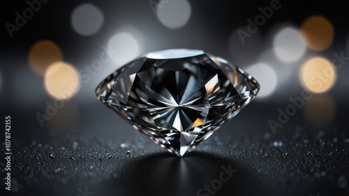 Sparkling diamond on black background with bokeh lights.