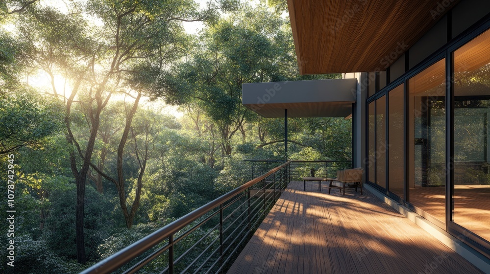 Fototapeta premium Balcony overlooking a dense forest, modern eco-friendly design. Railing with access to fresh air, natural wood complements the serene nature landscape.
