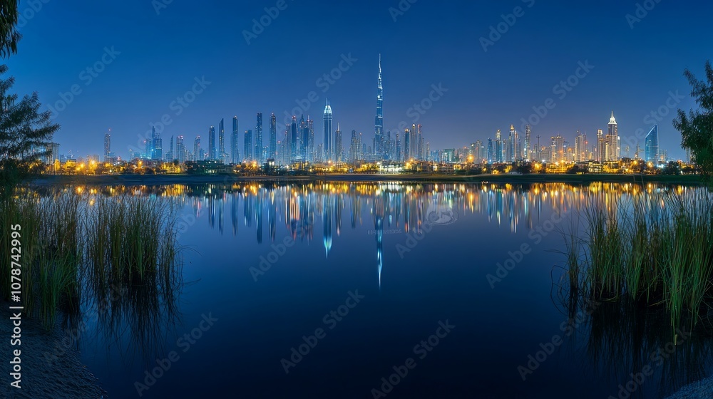 Fototapeta premium A panoramic view of a modern city skyline reflected in a still lake at dusk. The city lights are reflected in the water, creating a beautiful and symmetrical scene.
