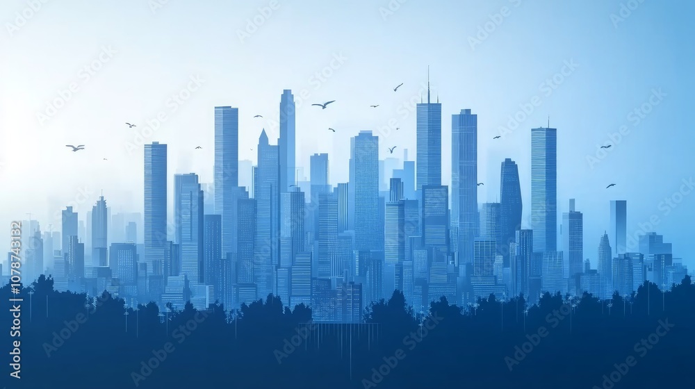 Fototapeta premium A panoramic view of a modern city skyline with skyscrapers silhouetted against a blue sky.
