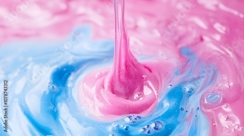 21. Close-up of a pink liquid being mixed into a blue one, creating a swirling reaction photo