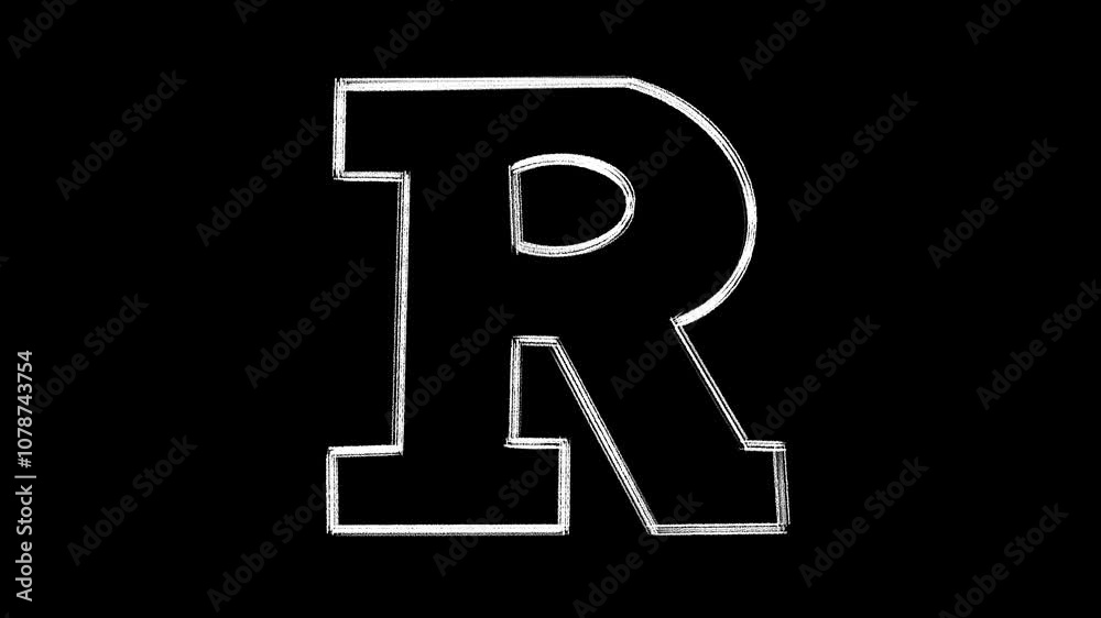 White outlined letter R with a rough texture on a black background. White outlined letter R with a rough texture on a black background.