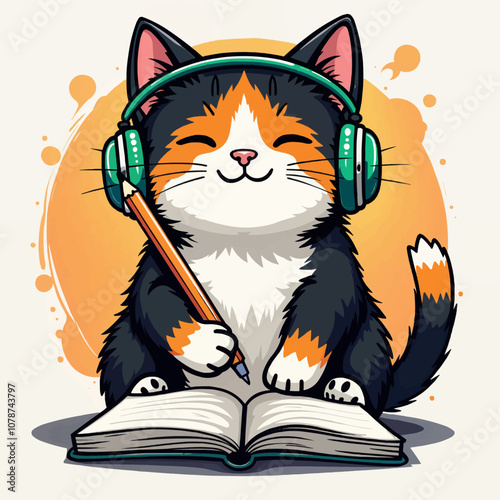 A cartoon illustration of a chubby calico cat wearing green and blue headphones, holding a pencil and a notebook, looking focused and happy.