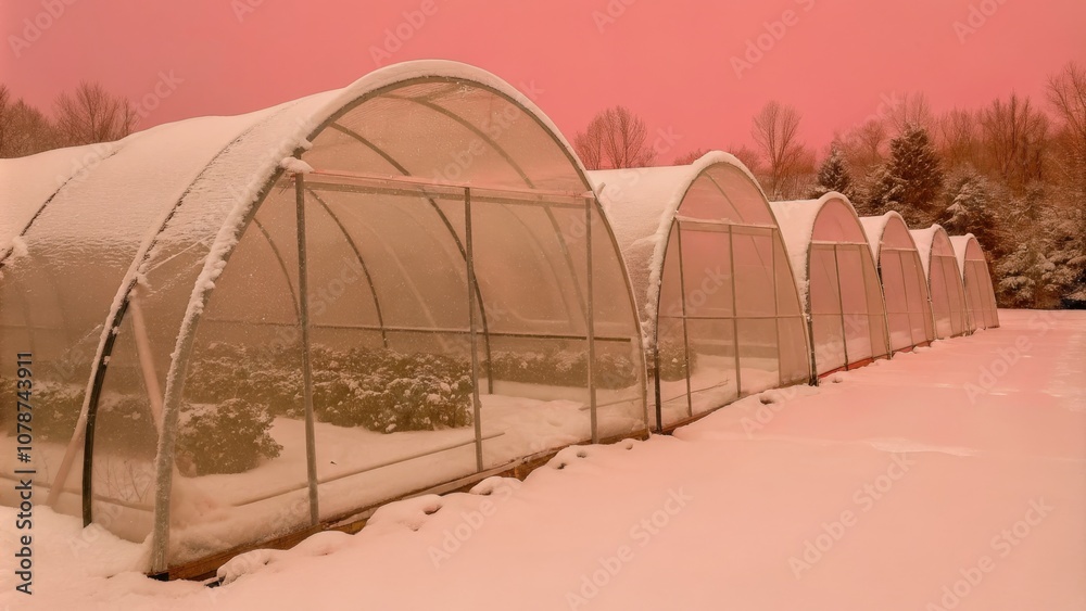 Snow-covered greenhouse structures in a garden during a cold winter season. Snow-covered greenhouse structures in a garden during a cold winter season.