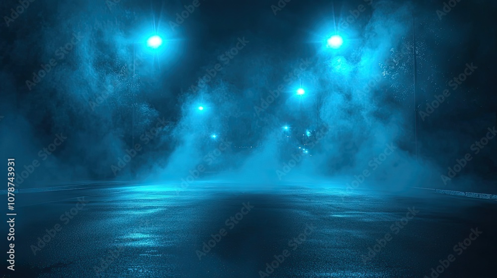 Empty dark scene illuminated by soft blue rays and spotlights. The dark asphalt street with smoke and neon lights in the background creates an atmospheric vibe. Empty dark scene illuminated by soft blue rays and spotlights. The dark asphalt street with smoke and neon lights in the background creates an atmospheric vibe.