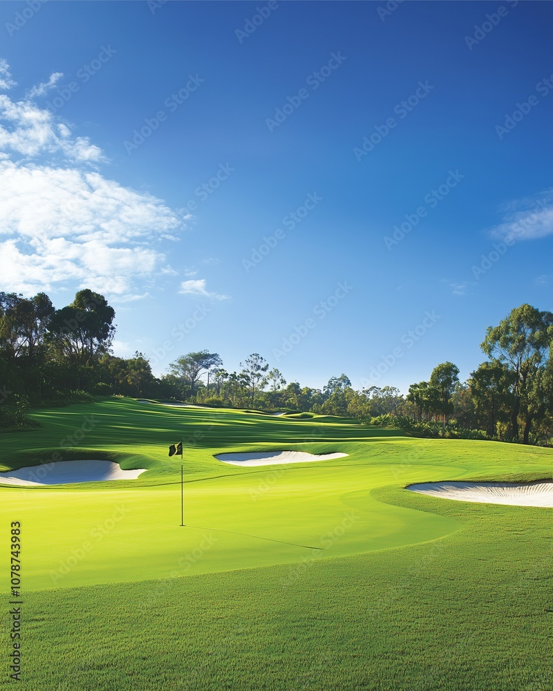 Obraz premium Morning view of a golf course with lush green grass