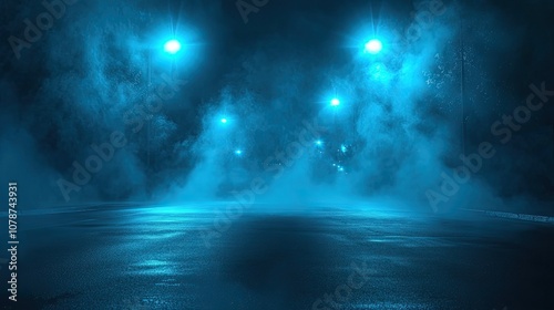 Empty dark scene illuminated by soft blue rays and spotlights. The dark asphalt street with smoke and neon lights in the background creates an atmospheric vibe.