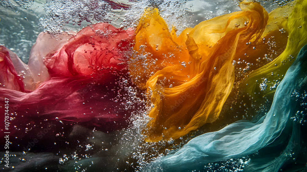 Fototapeta premium Vibrant Swirling Colors of Fabric in Shimmering Water, Bubbles Rising in a Playful Dance, Creating an Abstract Underwater Spectacle of Movement and Light