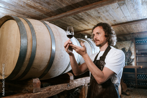 Winemaker Inspecting Red Wine in Cellar