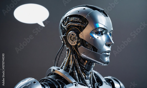 A metallic robot with a blank expression looks to the right, a speech bubble floating above its head