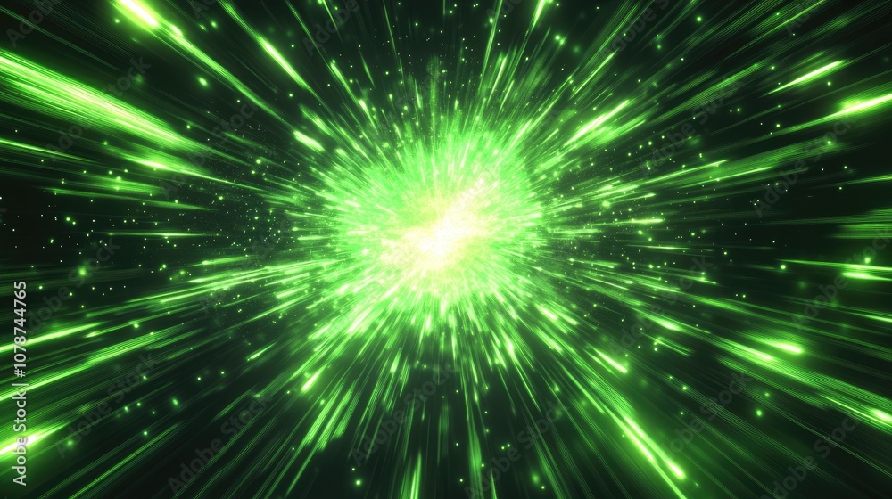 Neon green light energy bursting through the void of space, creating abstract rays of luminous energy in motion. Futuristic and dynamic.