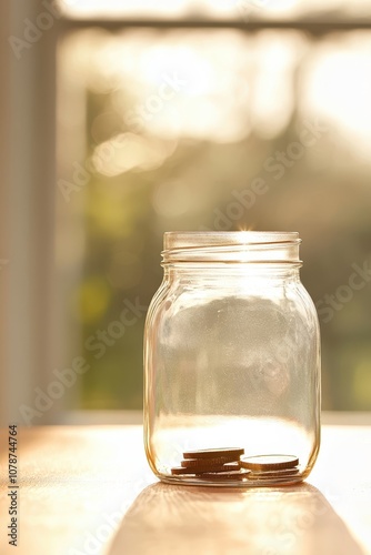 A sunny, glass jar sits on a wooden table, revealing a few coins inside, symbolizing savings and financial aspirations.