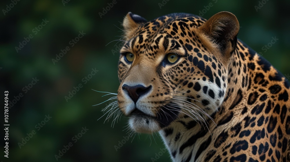Close-up portrait of a jaguar with a focused gaze. Close-up portrait of a jaguar with a focused gaze.