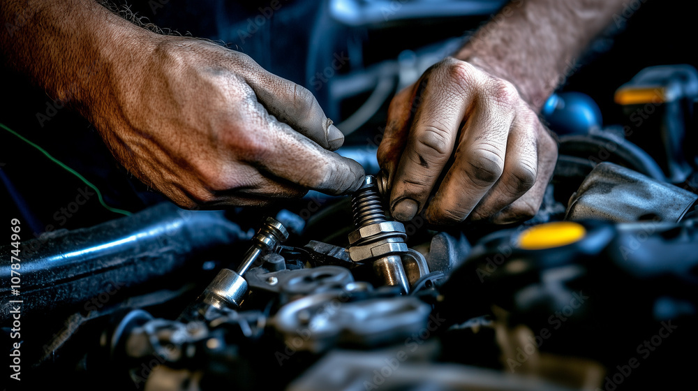 Technician hands of a car mechanic tightening a bolt on an engine Technician hands of a car mechanic tightening a bolt on an engine