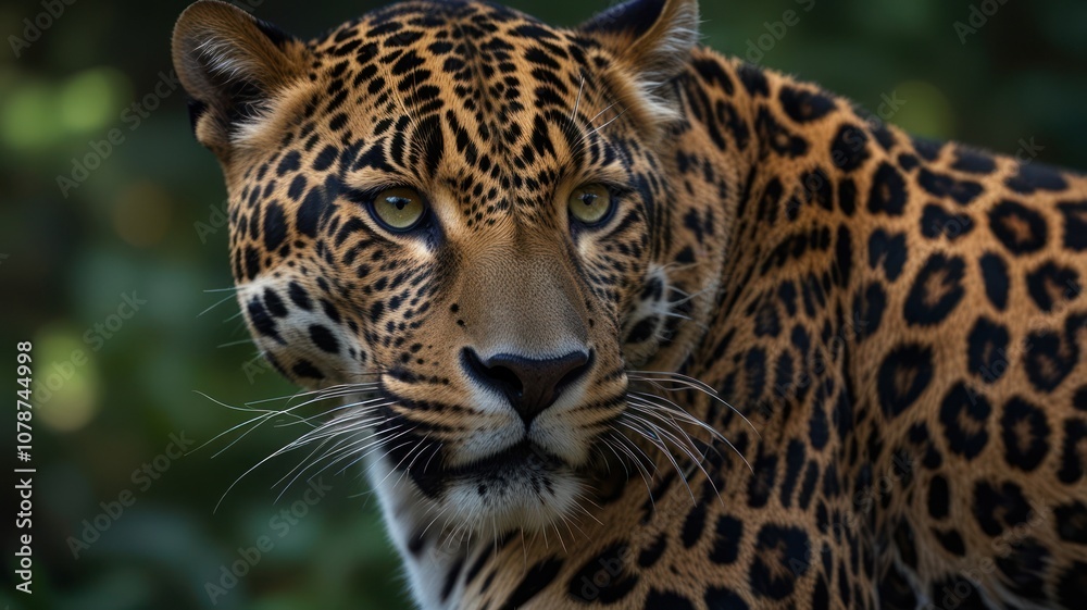 Fototapeta premium Close-up portrait of a majestic leopard with piercing yellow eyes, looking intently towards the right, with a blurred green background.