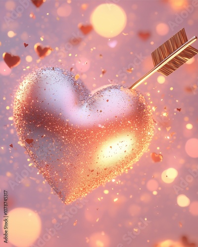 A heart with a glowing arrow pointing forward, symbolizing motivation and passion driving love and ambition, with a soft Valentine’s background in pink and gold. photo